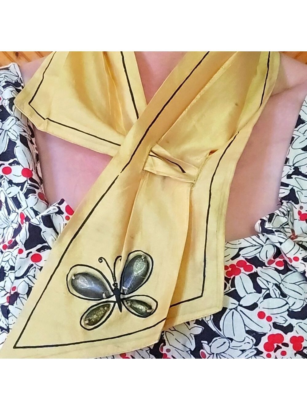 Rare 50s VERA Yellow Silk Butterfly Gem Print Neckercheif Scarf